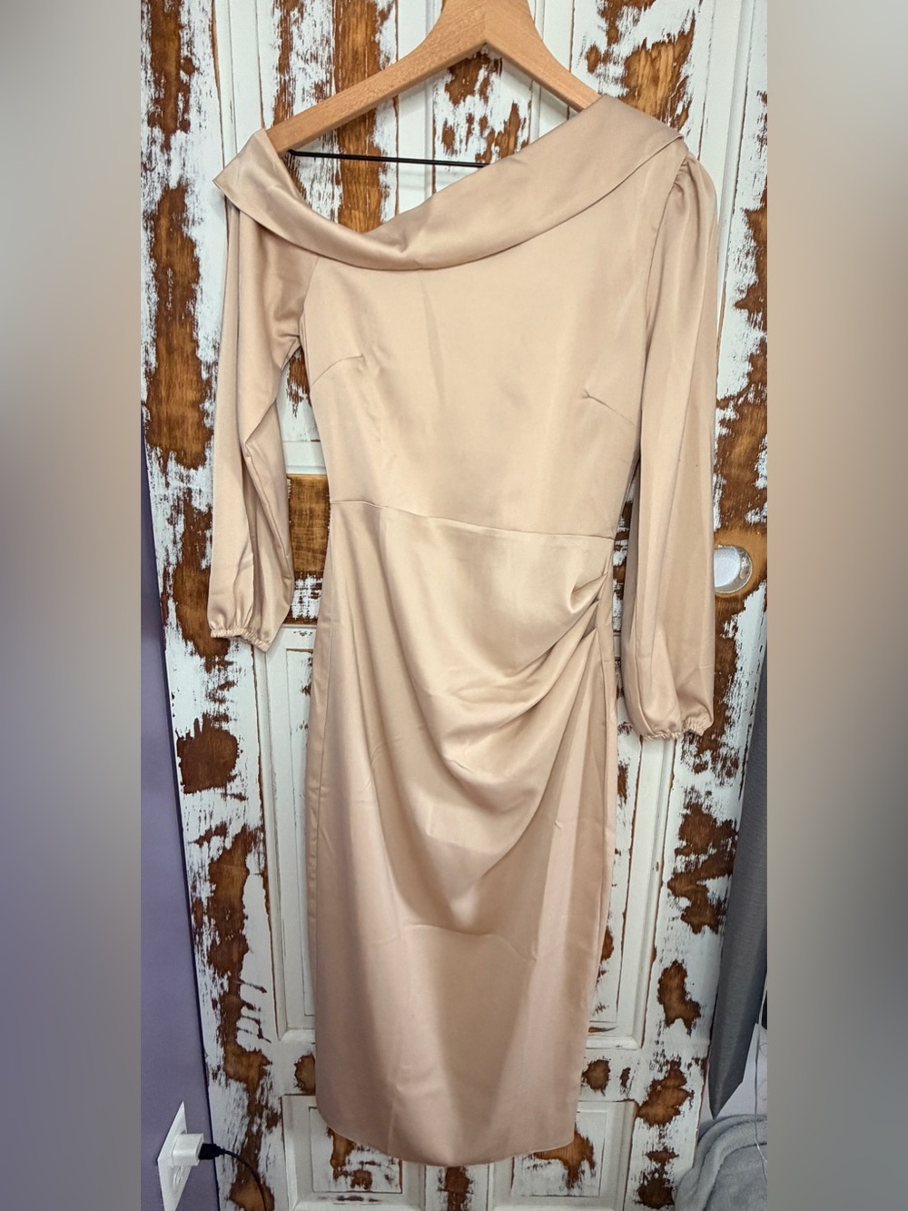 Vesper London Ruched Midi Dress Size 8 Beige Long Sleeve Asymmetrical Cocktail